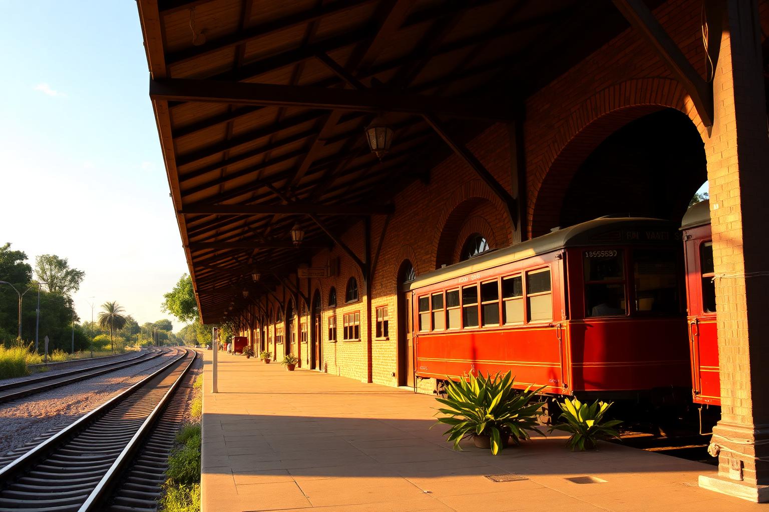 Plataforma histórica da Estação Atibaia com vagões vermelhos